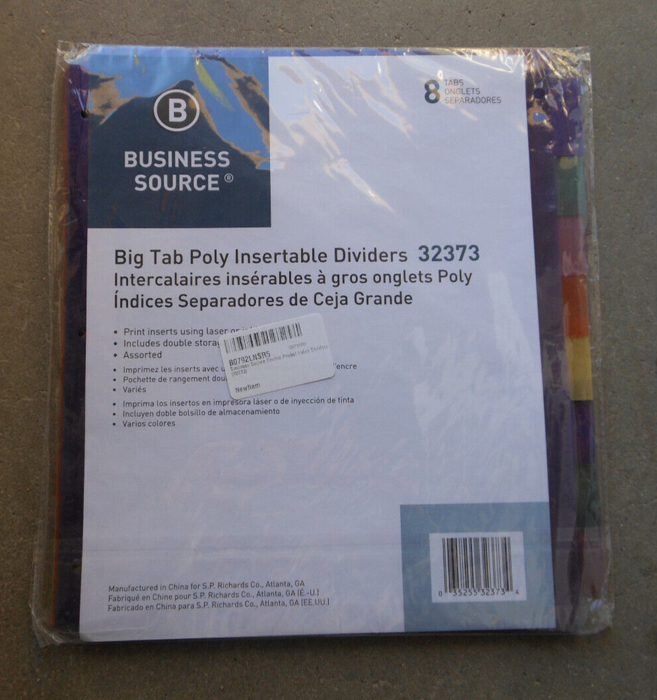 BUSINESS SOURCE BIG TAB POLY INSERTIBLE DIVIDERS 8 COUNT