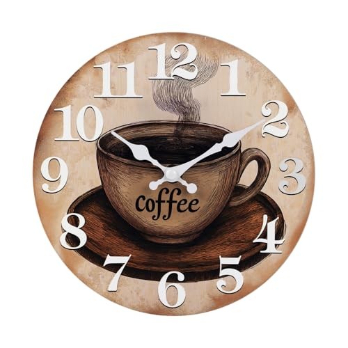 Kitchen Wall Clock Coffee Cup Theme Rustic Modern Farmhouse Decor 8" Brown