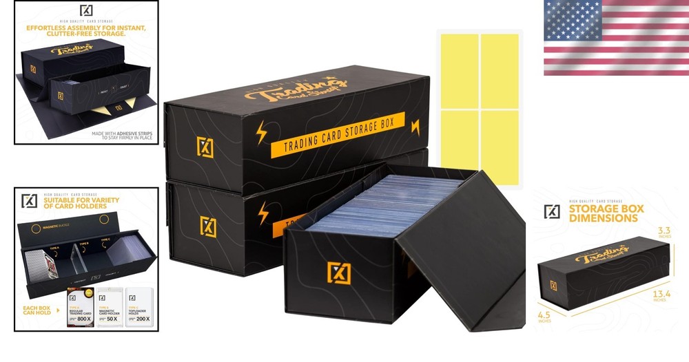 Stackable Trading Card Storage Box - 3 Pack with Magnetic Closure & Labels