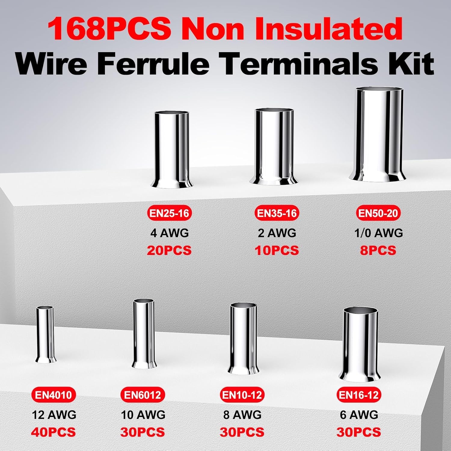 168 Pcs Wire Ferrules Kit 12-1/0 Gauge Tinned Crimp Copper Ferrule Connectors