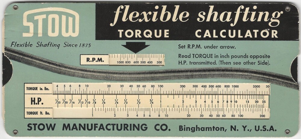 Stow Flexible Shafting Torque Calculator Card 1950s Technical Engineering Tool