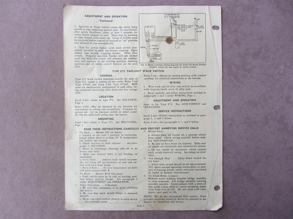 1947 Penn Electric 672 Ignition Stack Control Burner Install Service Sheet