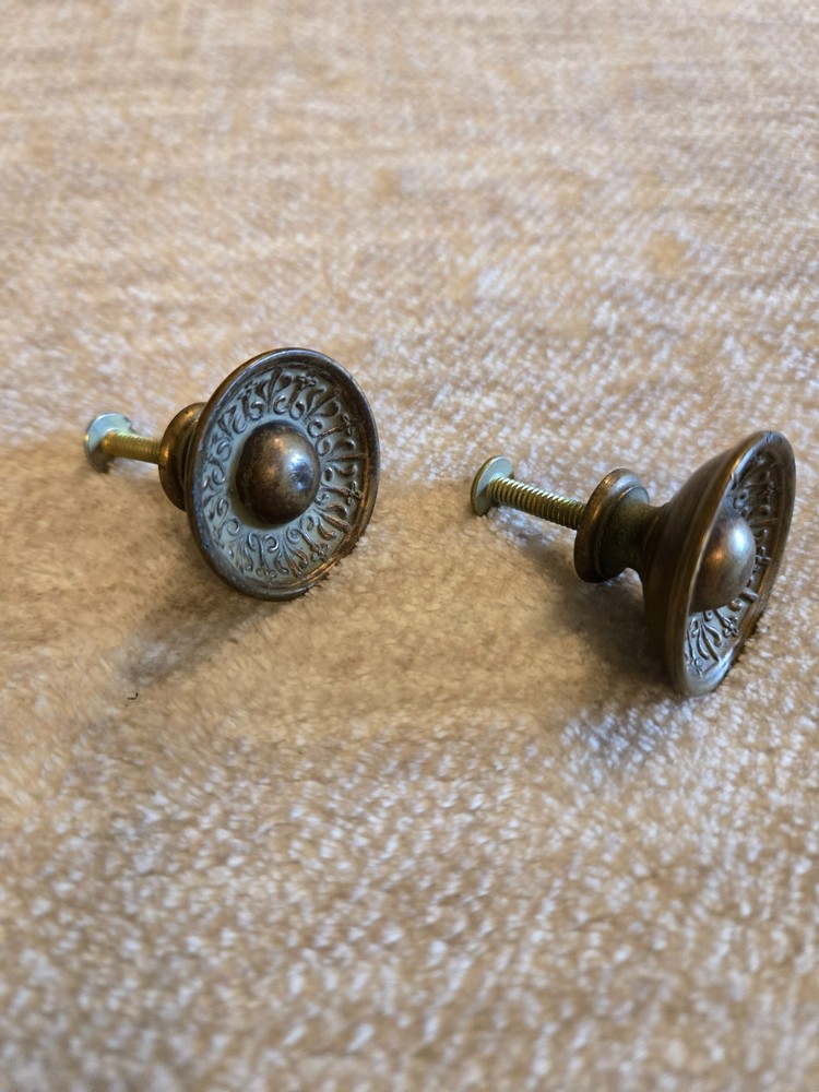 Pair of Vintage Victorian Styled Solid Antiqued Brass Knobs