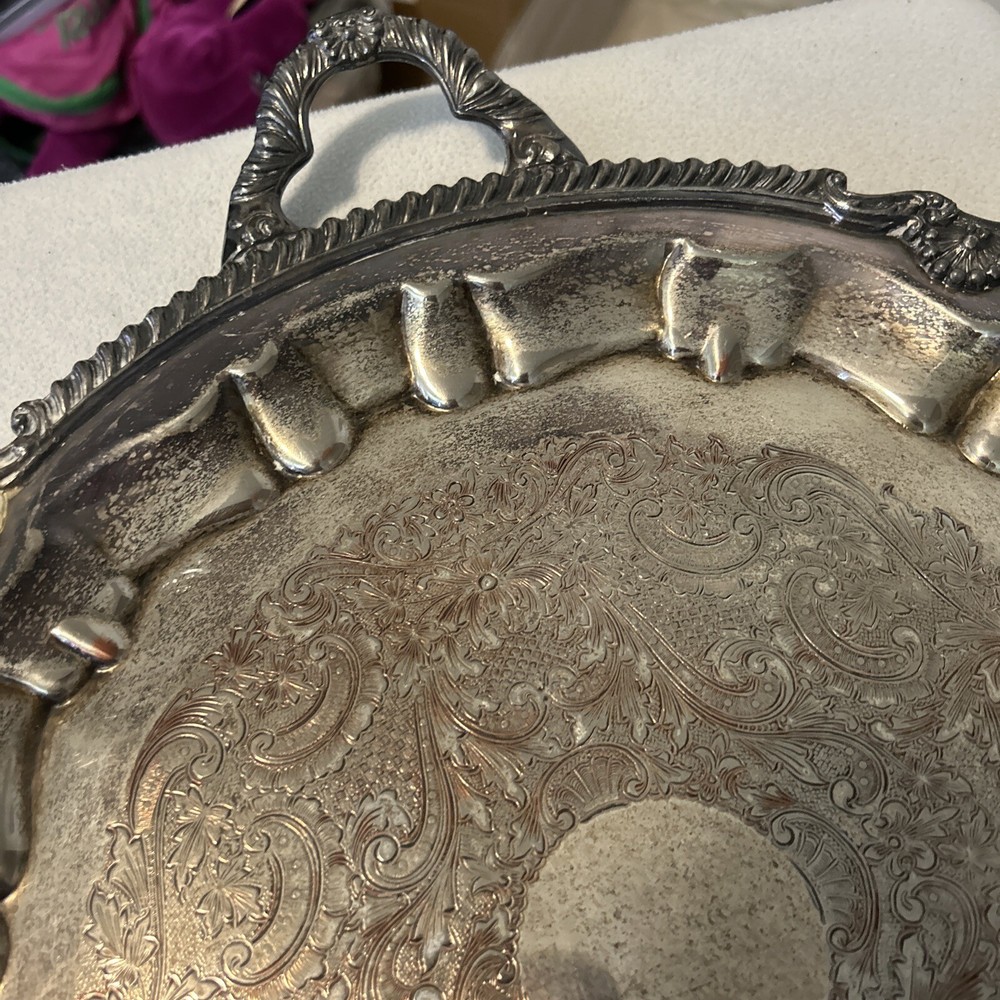 1875 Handled Sheets Rockford S Co Silverplated Serving Tray Ornate Scallop 14.5"