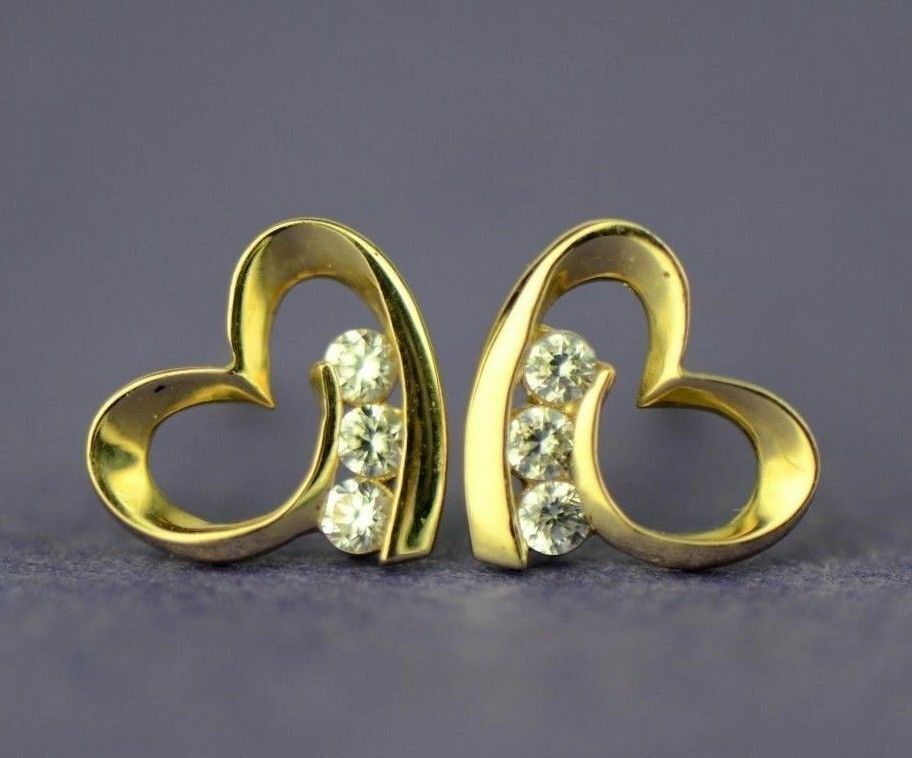 14k Solid Yellow White Gold Heart Shape CZ Stud Earrings