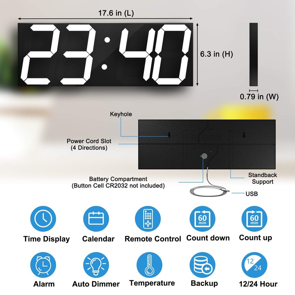 Digital LED Wall Clock, Oversize Wall Clock with 6” Numbers, Remote Control C...