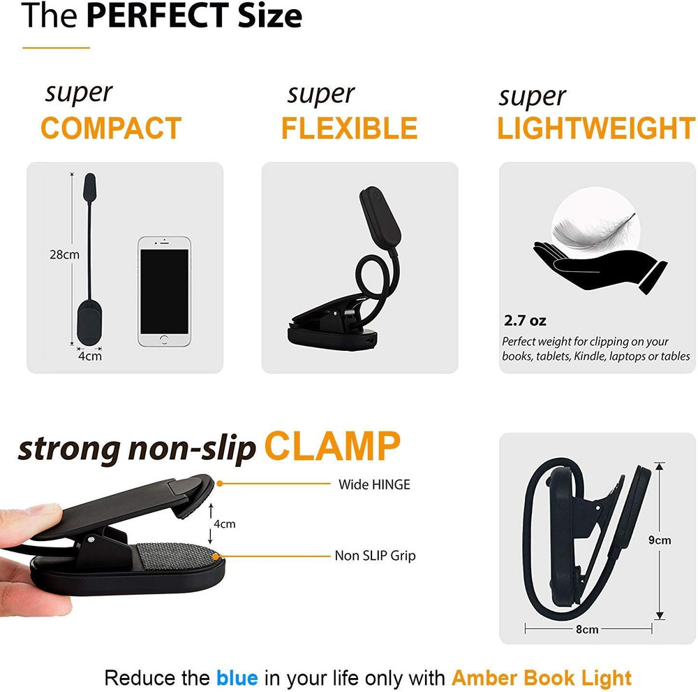 Giftable Amber Book Light - Blue Light Blocking - Night Reading Booklight Store.