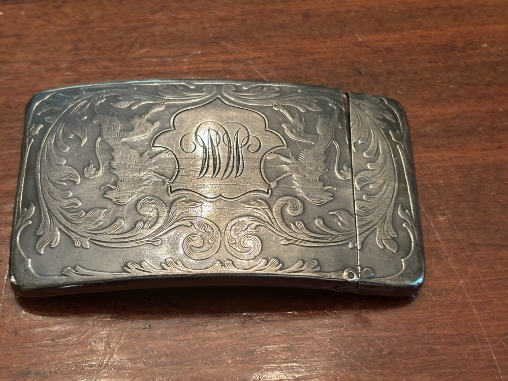 STERLING VICTORIAN CURVED HINGED CALLING CARD CASE W/ ELABORATE ETCHING
