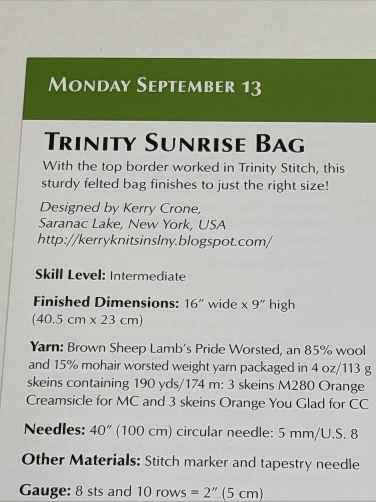 Trinity Sunrise Bag Knitting Pattern Card Page