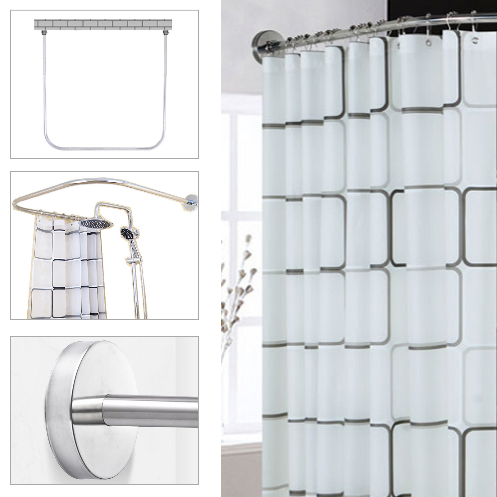 Stainless Steel U Shaped Shower Curtain Rod Adjustable w/ 9.8ft*6.6ft Curtain