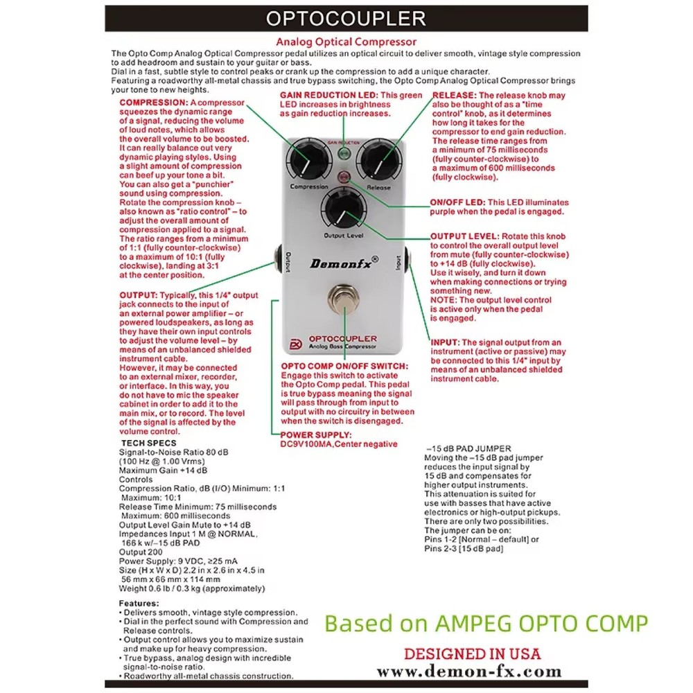 Demonfx OPTOCOUPLER COMPRESSOR Bass Effect Pedal Based on OPTO COMP