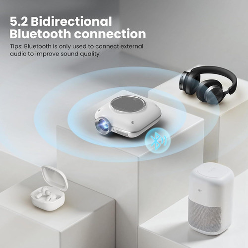 Mini Projector with Two -Way Bluetooth, Portable for Home White