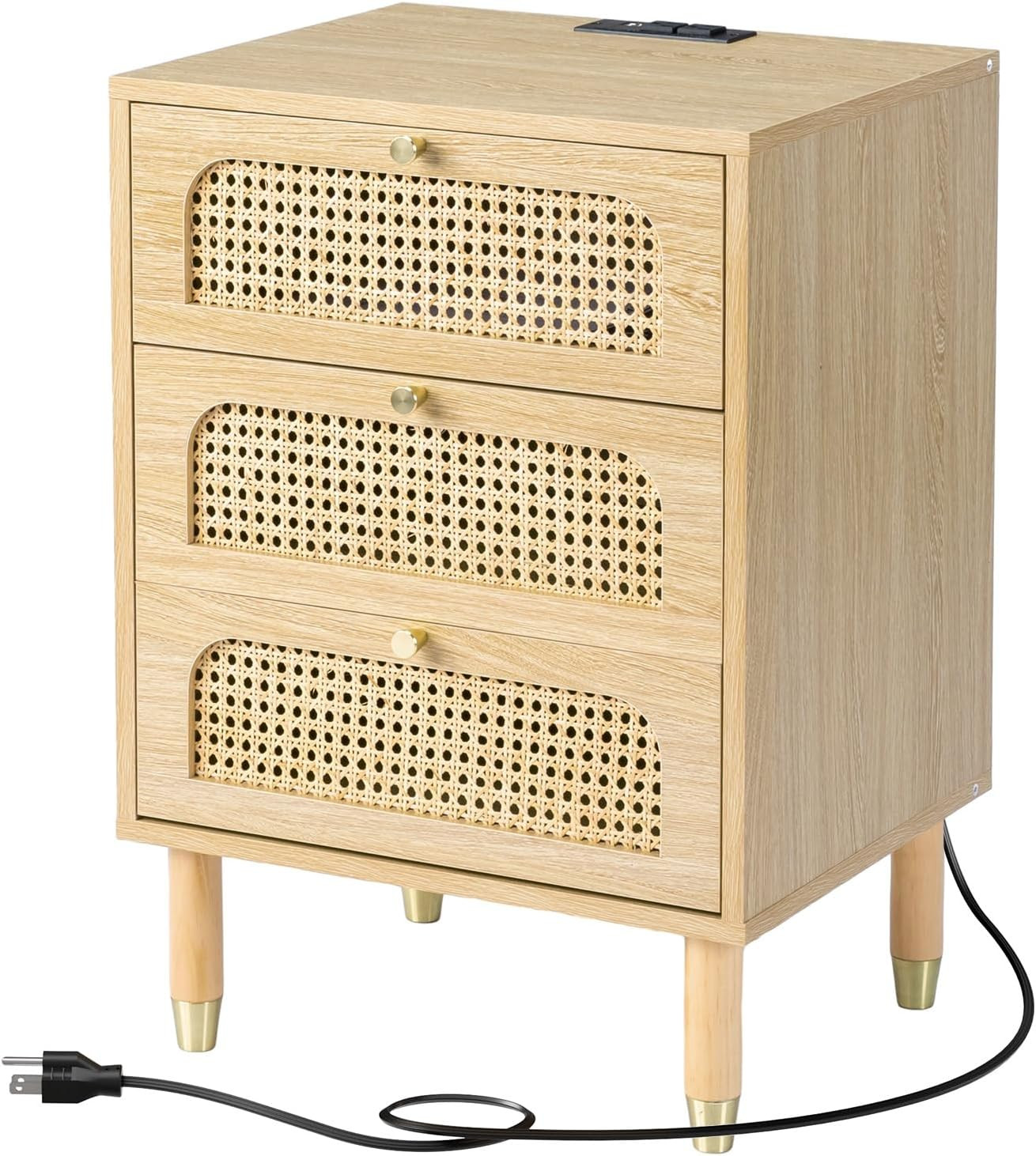 Rattan Nightstand with Charging Station 19" W Nightstand with 3 Drawers