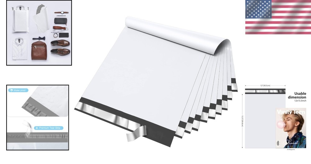 Durable Self-Sealing White Poly Mailers 12x15.5" - 100 Pcs for E-commerce