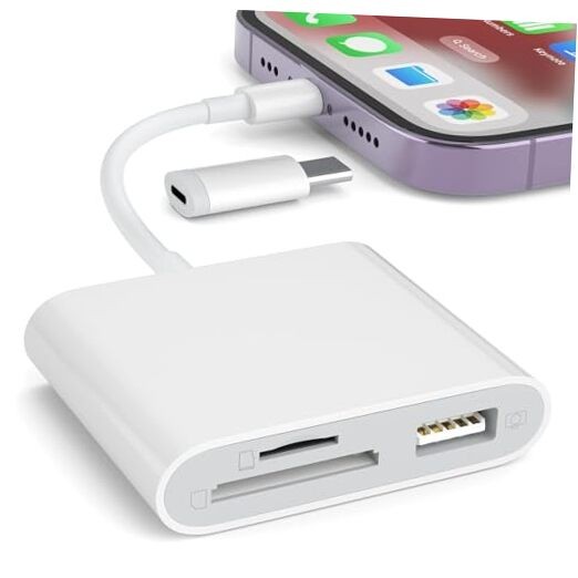 SD Card Reader for iPhone, Memory Card Reader White (SD+TF+USB for Lightning)