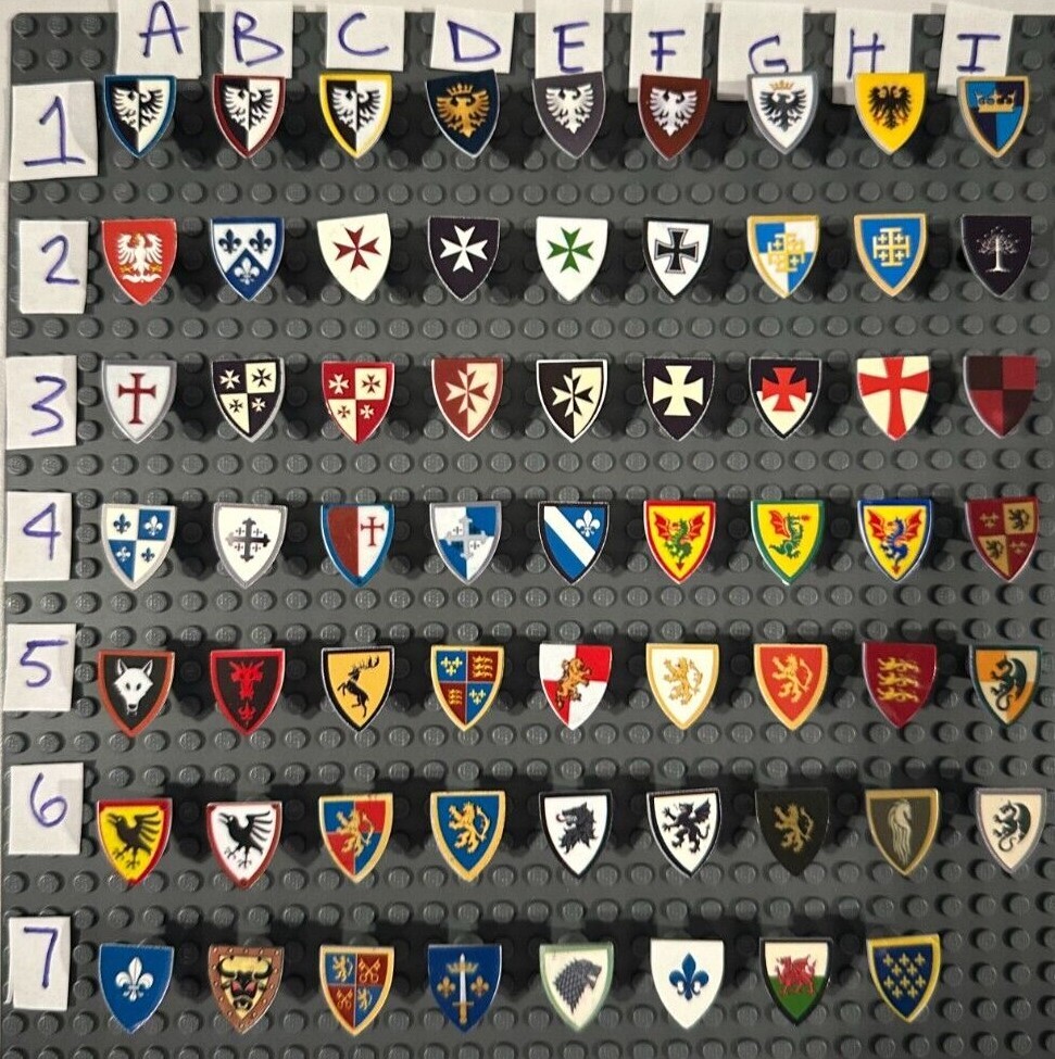 CUSTOM DESIGNED KNIGHT SHIELDS 139 TYPES, REAL LEGO SHIELDS USED!
