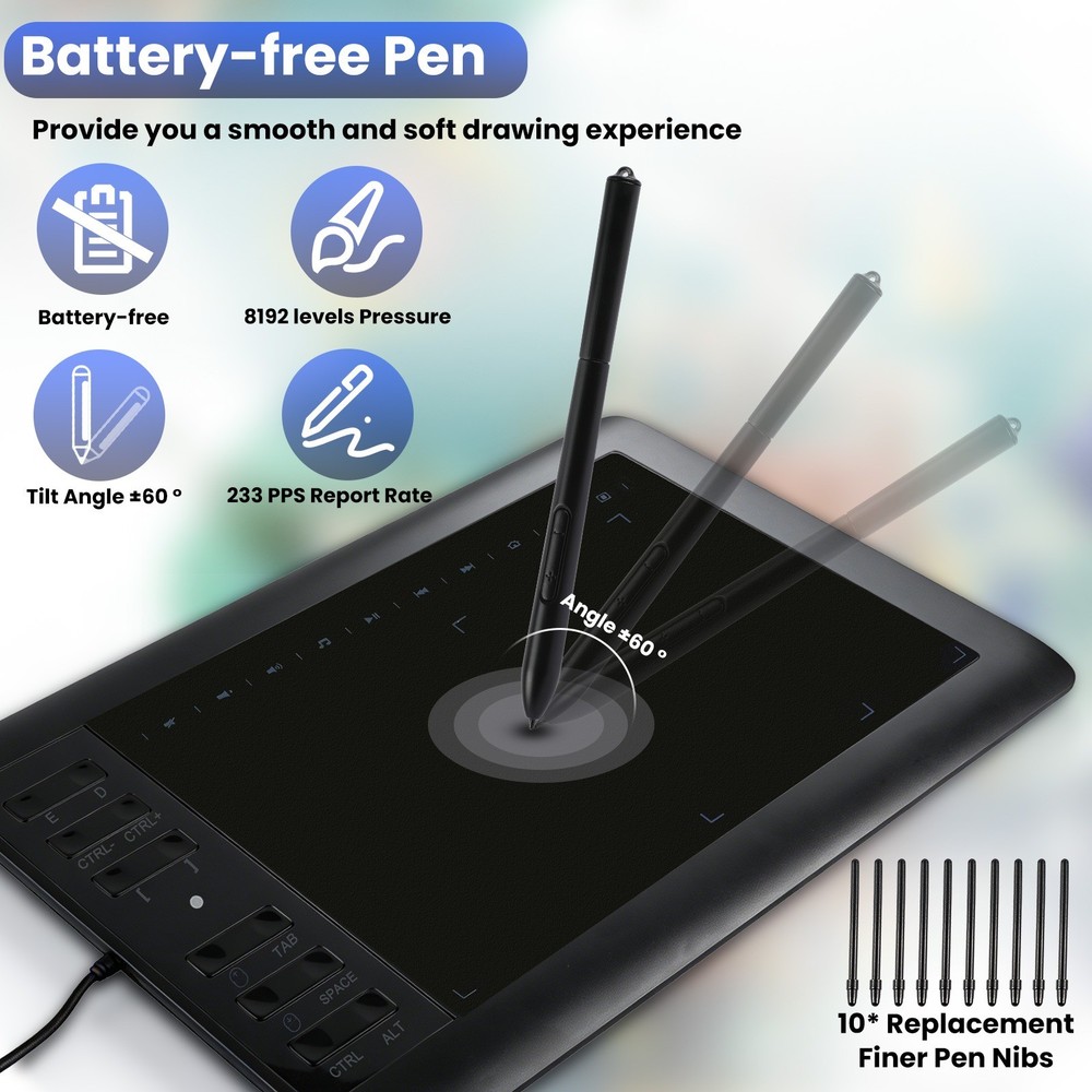 Graphics Drawing Tablet with Battery-Free Pen - 10x6Inch Area for PC/Mac/Android