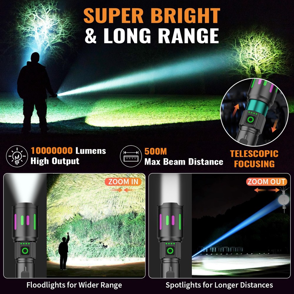 350000000 Lumen Super Bright LED Tactical Flashlight Rechargeable LED Work Light