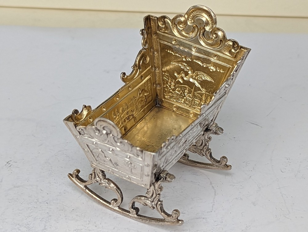 1899 Victorian baby’s Solid silver miniature cradle with gold guilded interior