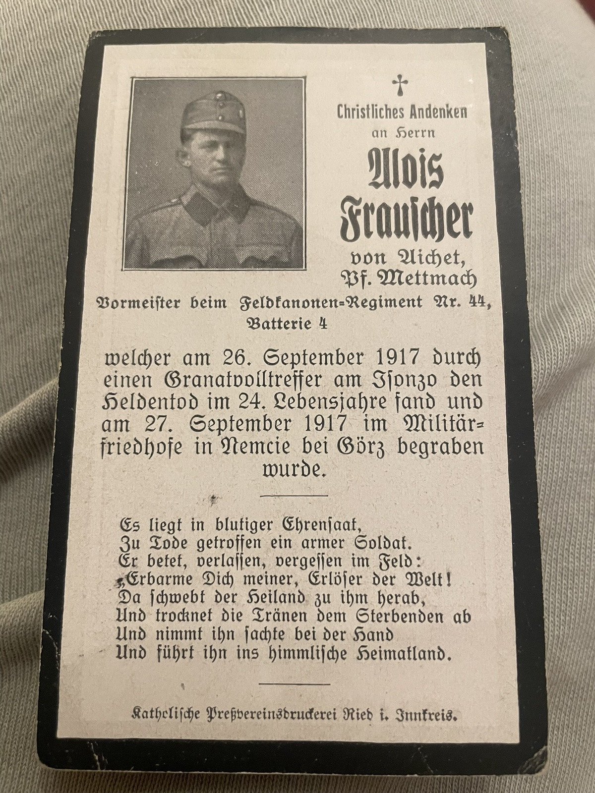 WW1  German Death Memorial Card Illois Fraufcher 26 September 1917