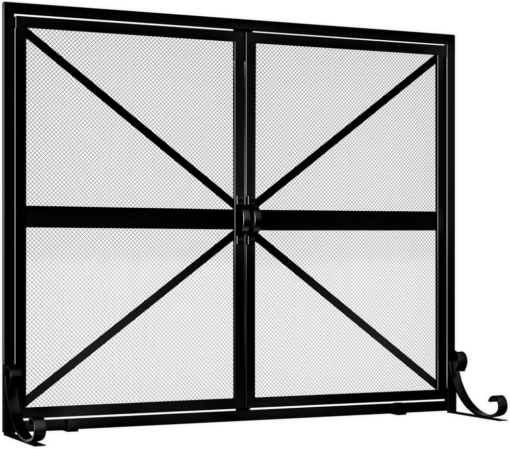 Fireplace Screen with Doors, 2-Pannel Handcrafted Solid Wrought Iron Decorative