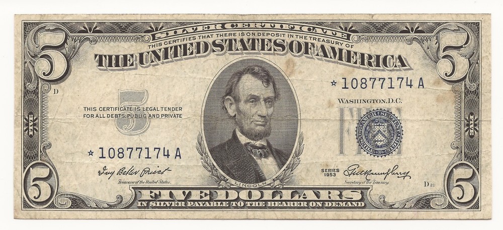 1953 $5 Dollar Bill Silver Certificate STAR Note 174A-QCM