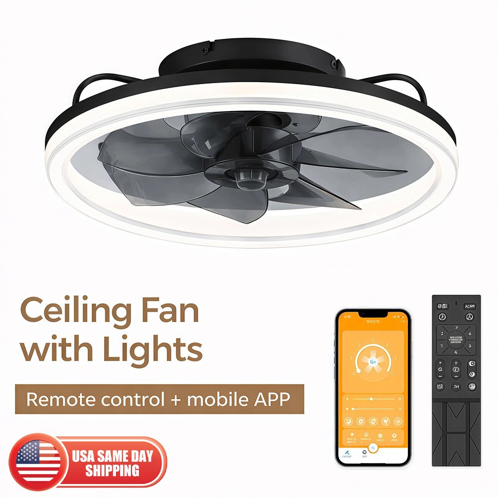 20" Modern Fan Lights Flush Mount LED Ceiling Light kit With Remote APP Control