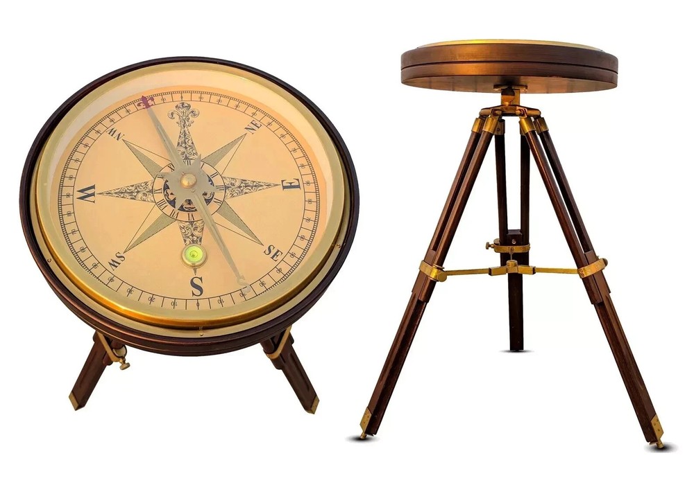 Antique Brass Large Compass Coffee Table, Side Table Working Compass With Tripod