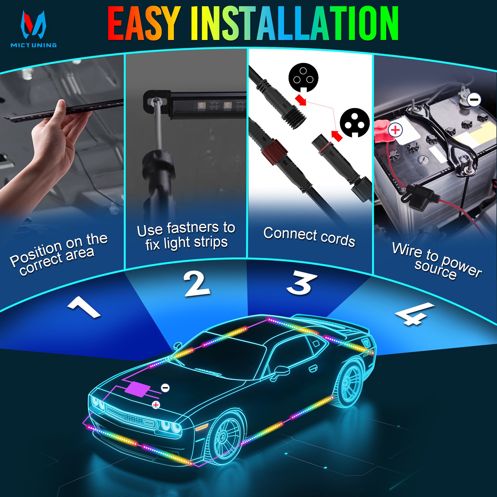 8Pcs RGB+IC Underglow LED Light Bar Car Exterior Neon Kit Underbody Light Strip