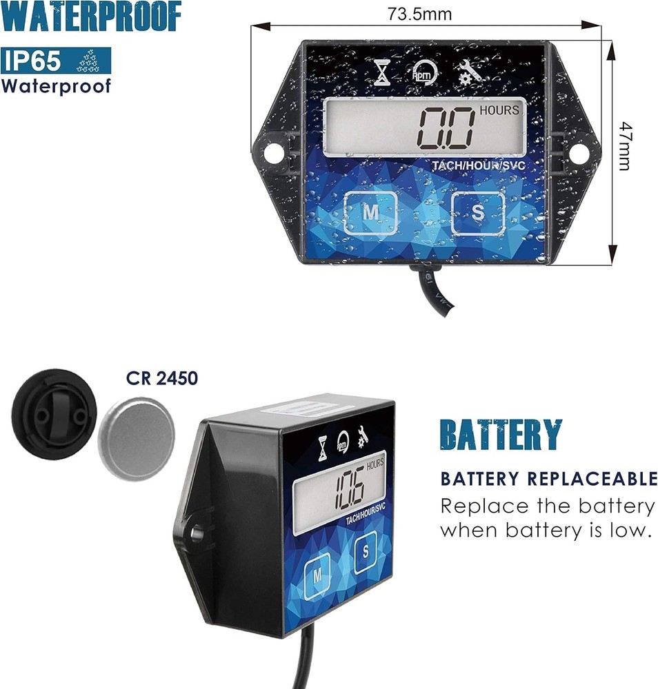 Small Engine Hour Meter, Digital Tachometer, Maintenance Reminder, Battery Re...