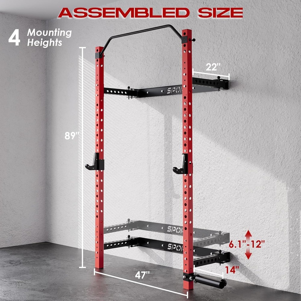 Wall Mounted Folding Power Cage Squat Rack for Home Gym Bench Pull Up Training