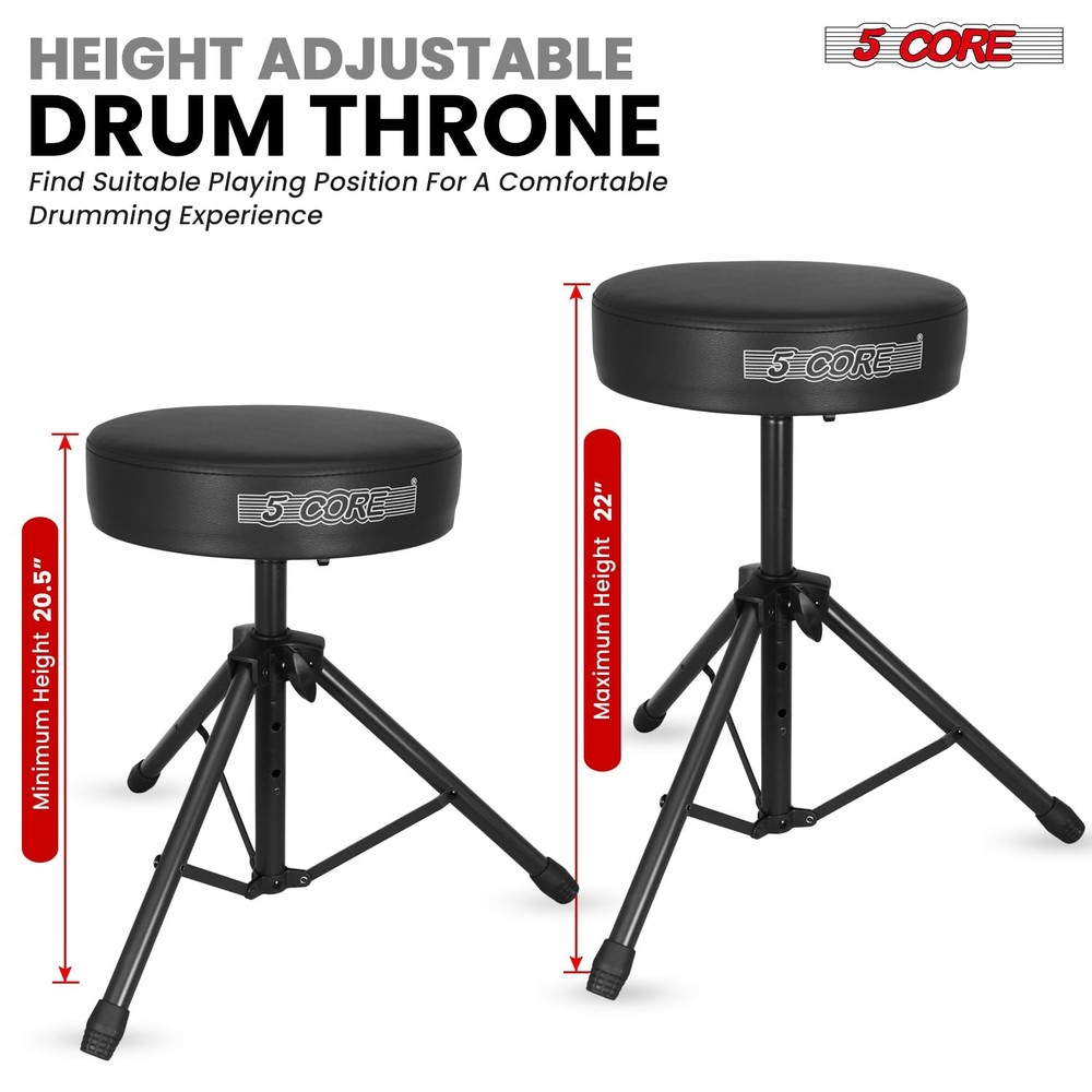 5 CORE Drum Throne 3 Inch Padded Comfortable Guitar Adjustable Height, Black