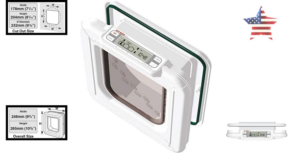 Electronic Cat Door with Timer Control - LCD Display - 4-Way Locking - White