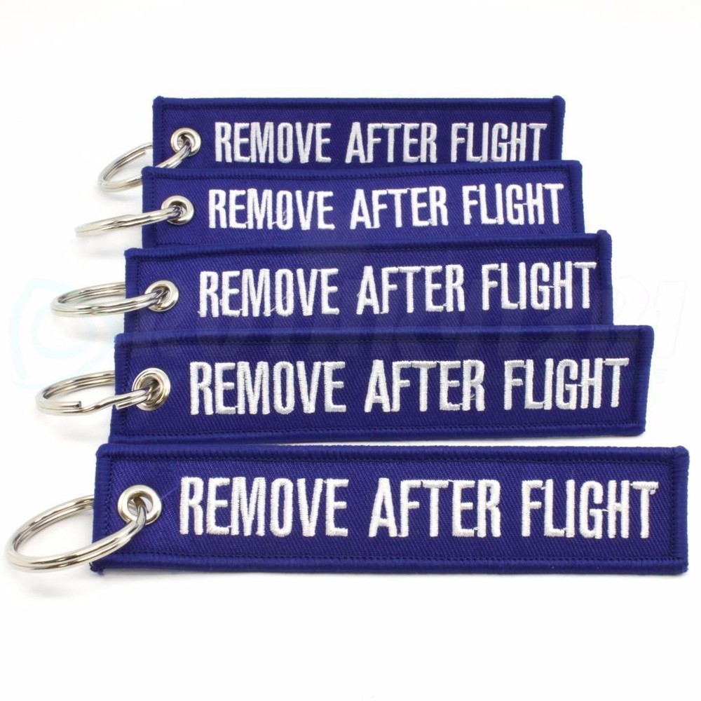 REMOVE AFTER FLIGHT KEYCHAIN QTY= 5 PCS BLUE/white TAGS FLAGS PILOT CREW