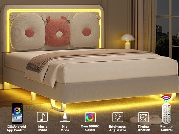 Easy Assembly Upholstered Beige Bed Adjustable Headboad With LED Light