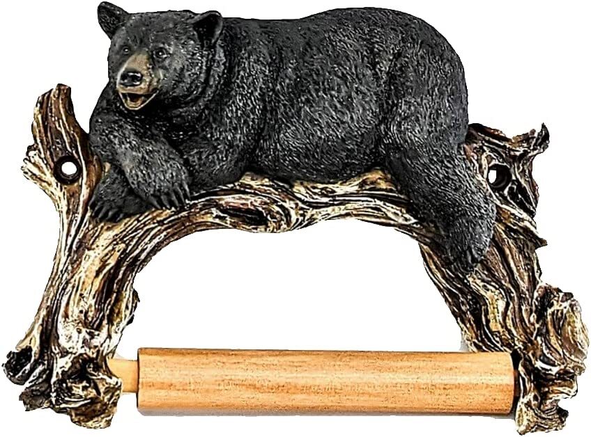 Black Bear Toilet Paper Holder Wall Mount Decorative Cabin Lodge Bathroom Decor