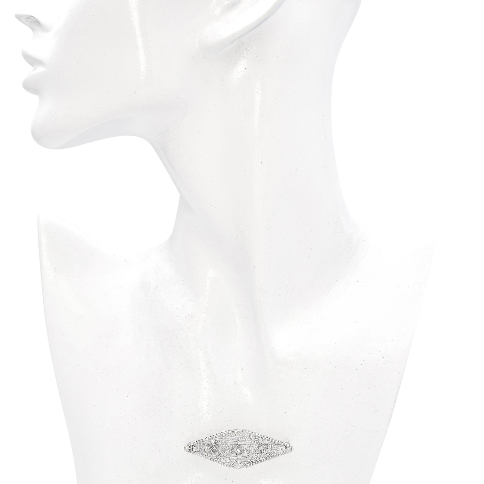 Vintage Art Deco 10K White Gold Old Mine Cut Diamond Filigree Brooch