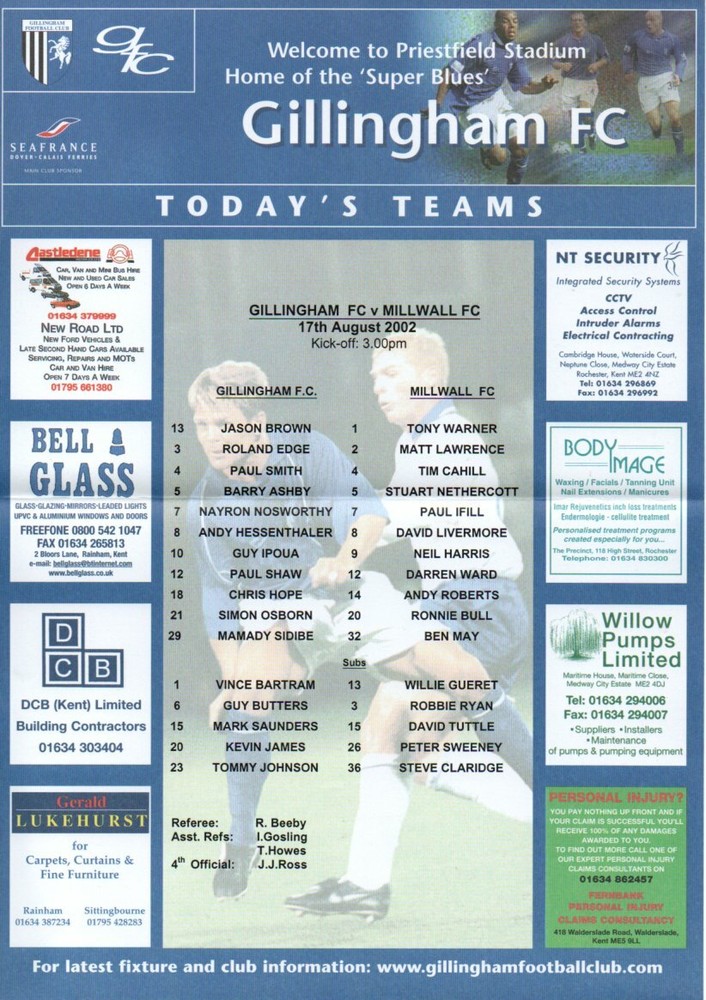Team Sheet - Gillingham v Millwall 17.8.2002