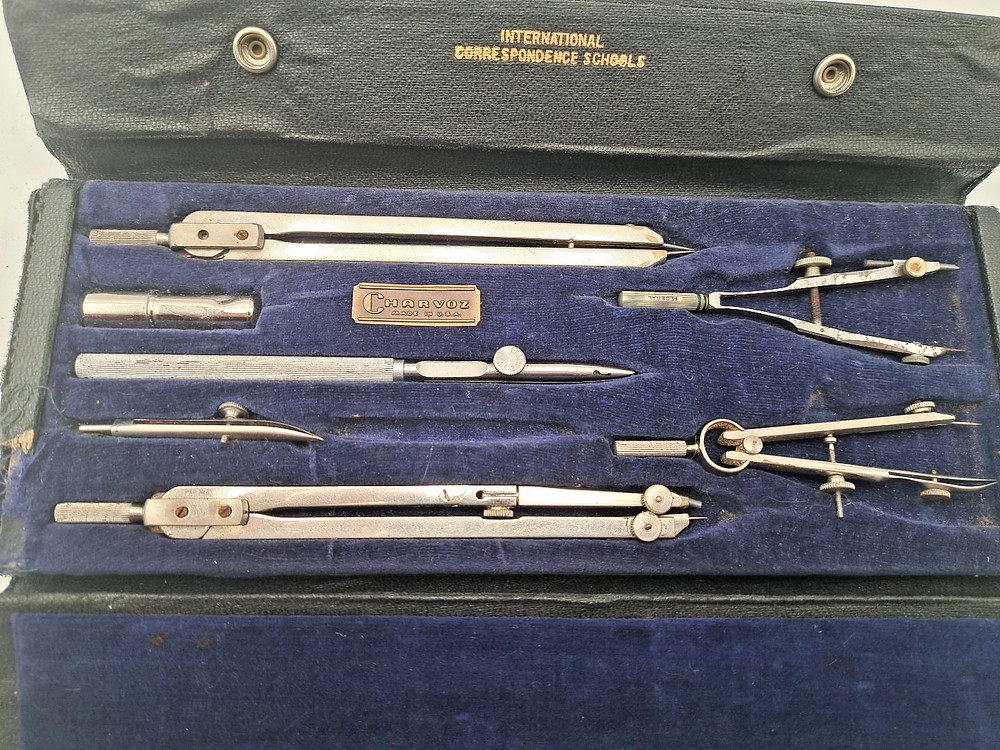 Charvos Drafting Set Engineering Mechanical Tools & Case 7 Piece Vintage READ