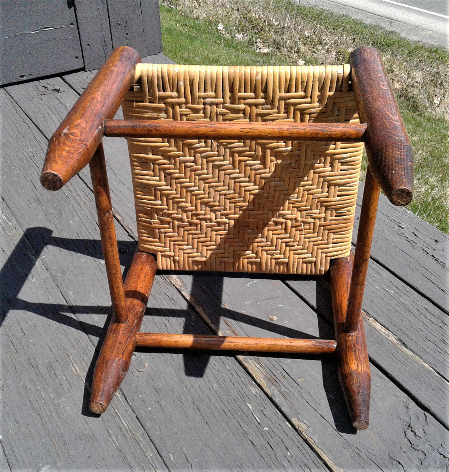 Antique Oak Foot Stool with Hand Woven Seat 1900s Era