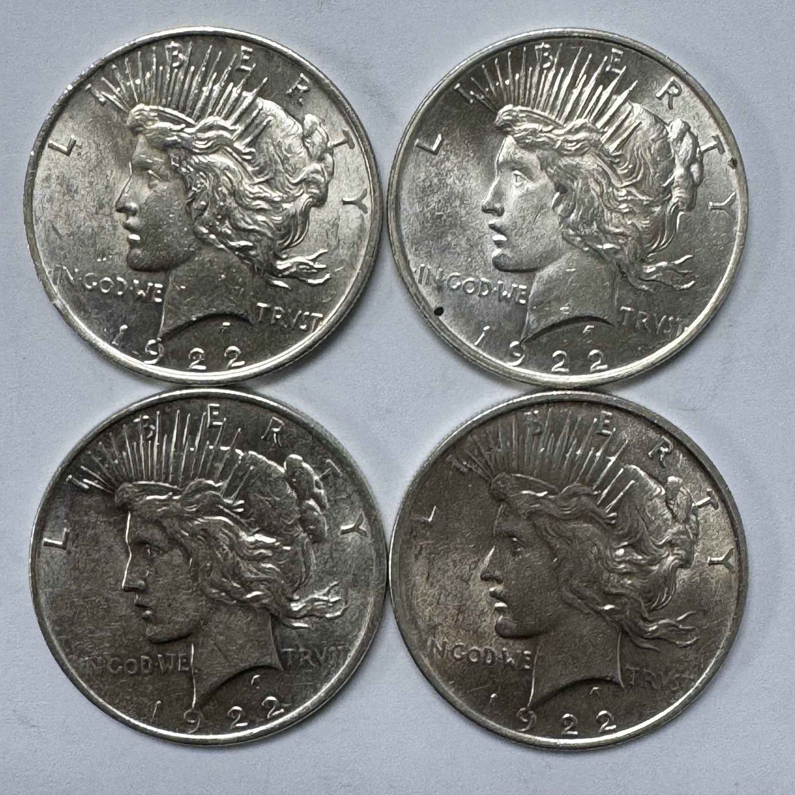 4 1922 Peace Silver Dollars 90% Silver US $1 Coins