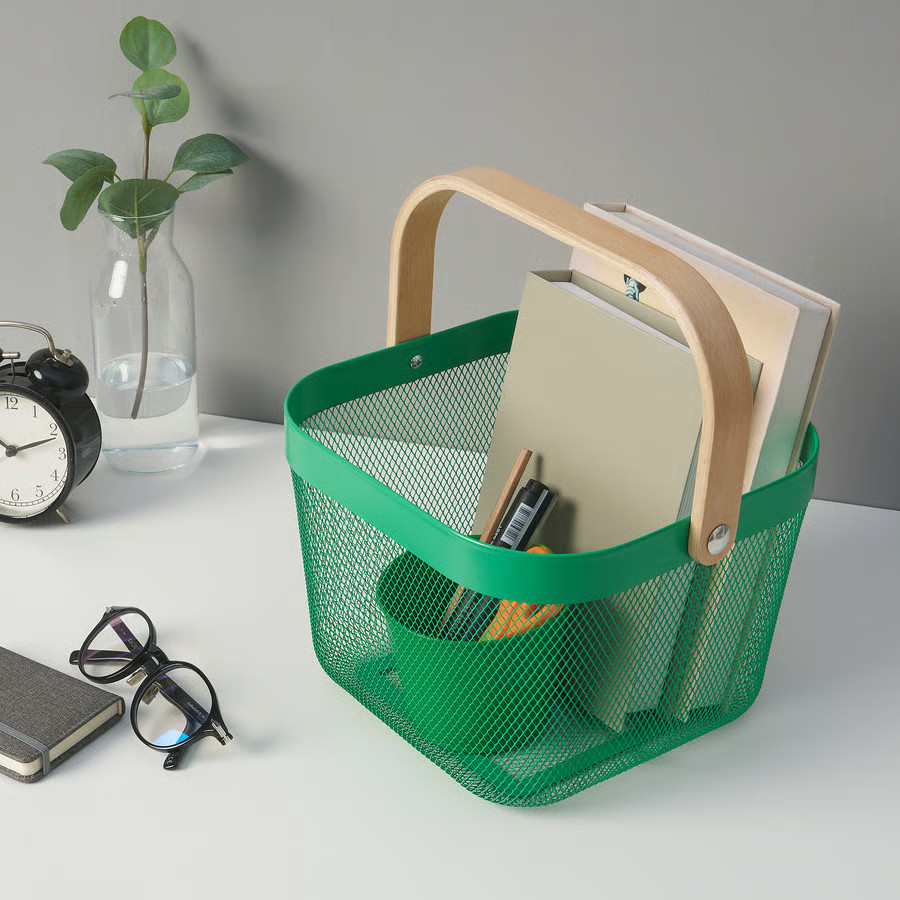 IKEA RISATORP Wire Basket Green Metal Storage Bin with Handle Kitchen Pantry