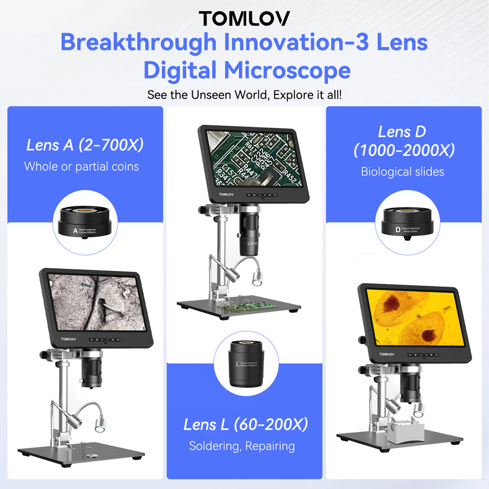 TOMLOV 10\" Digital Soldering Microscope 2000x Coin Microscope Flexibility Stand