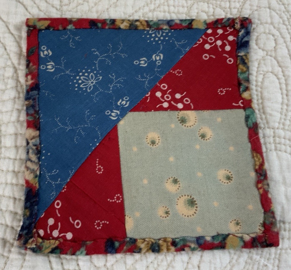 Vintage Patchwork Quilt Small Table Topper, Triangles, Squares, Early Calicos