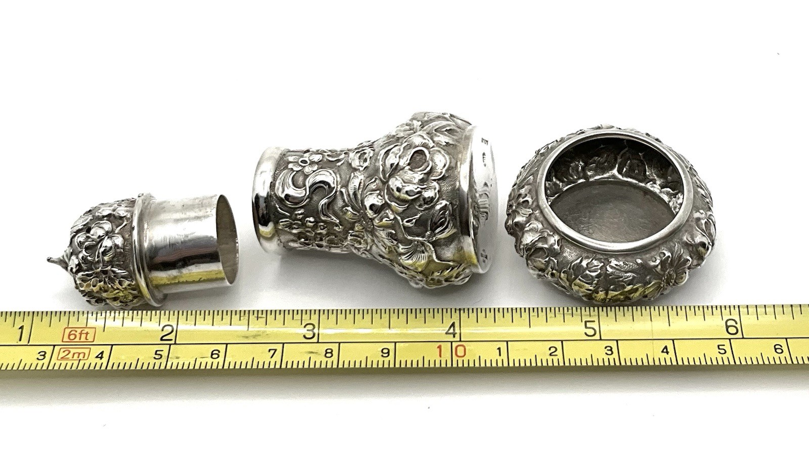 Antique Stieff Rose Repousse Sterling Silver Open Salt Cellar & Pepper C-1920