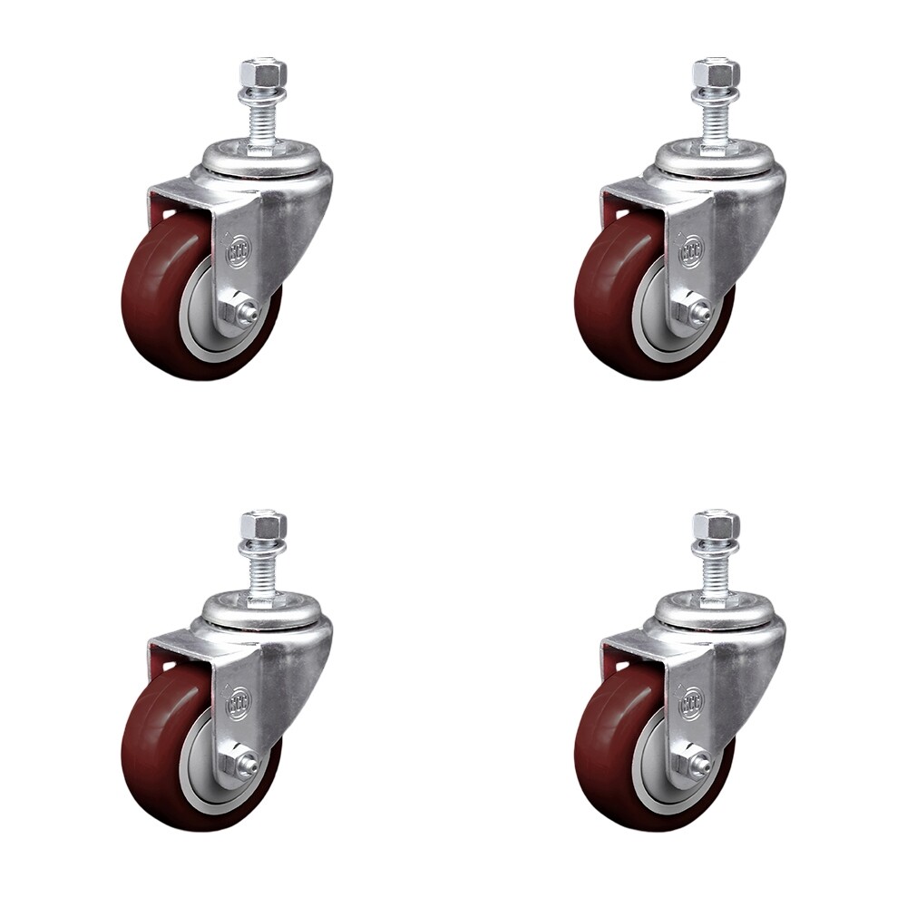 3 Inch SS Maroon Polyurethane Wheel Swivel ½ Inch Threaded Stem Caster Set SCC