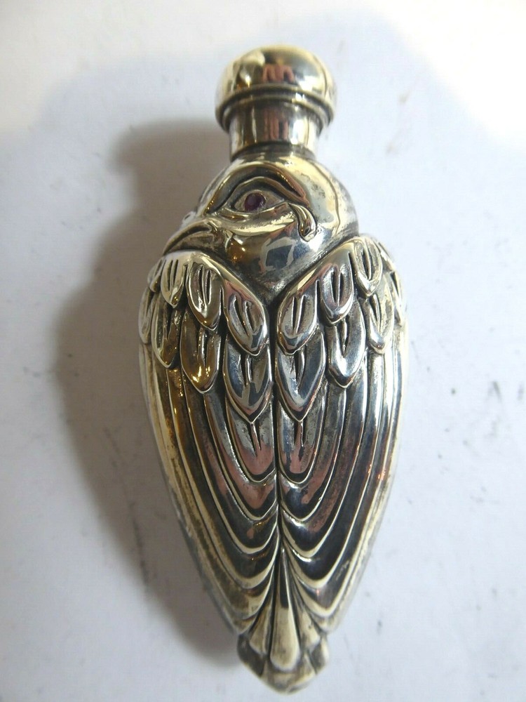 SUPERB SOLID SILVER BIRD SCENT PERFUME BOTTLE SET WITH RUBY EYES