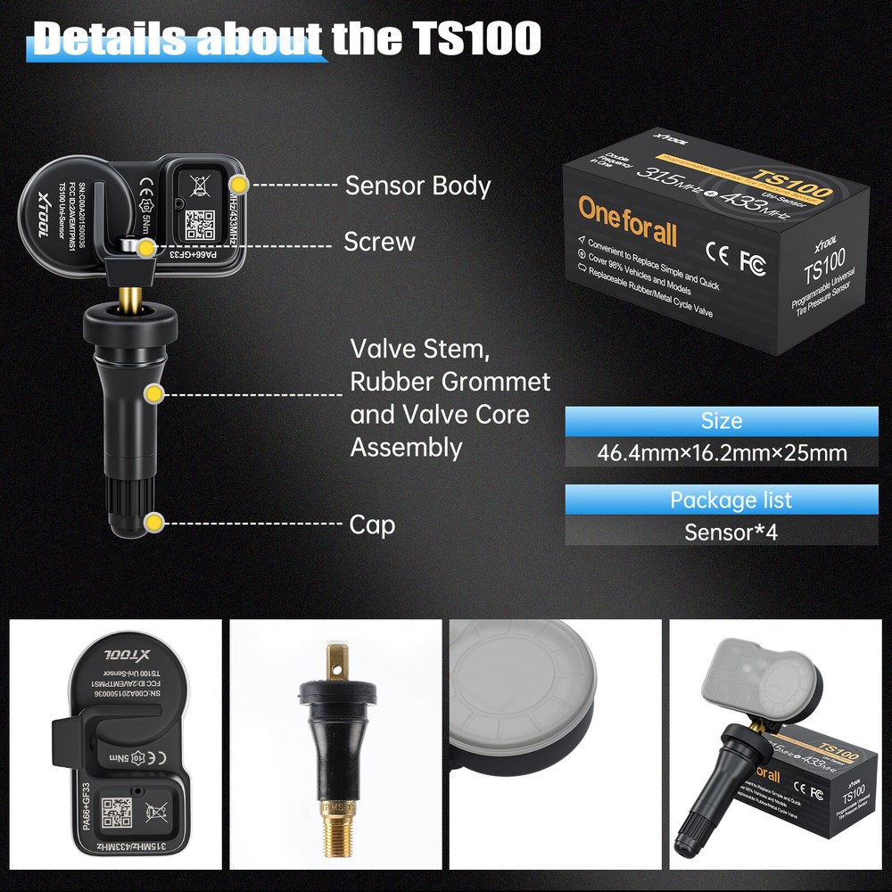 4PCS XTOOL TS100 Tire Pressure Sensor 315&433MHz Programmable Universal Rubber