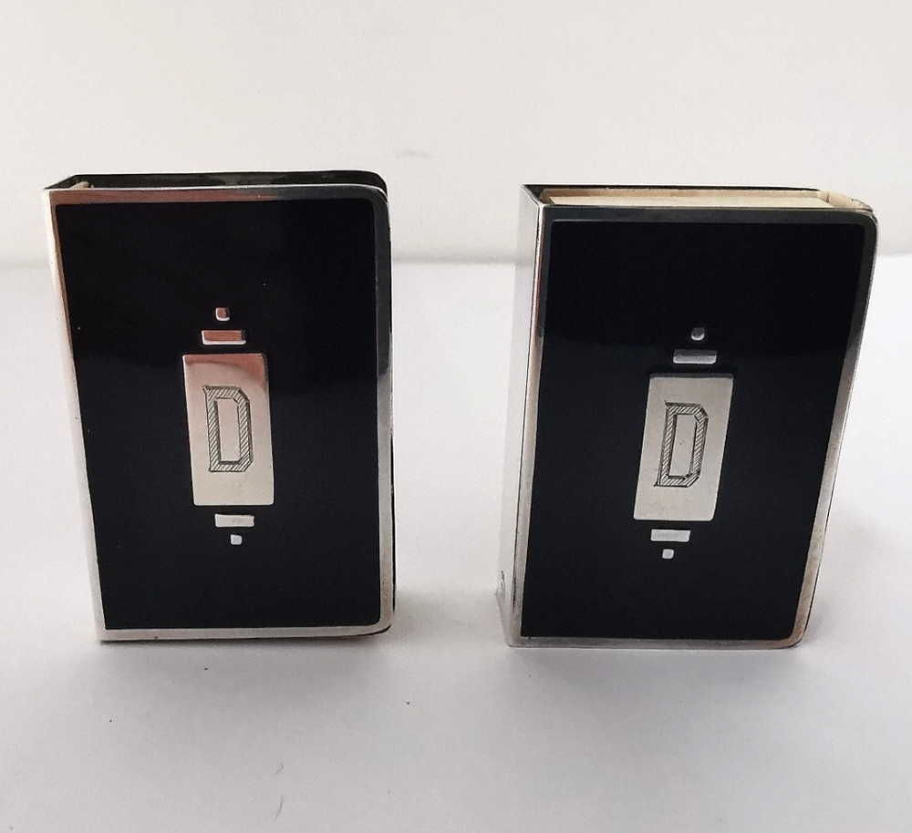 Pair Of Solid Silver & Enamel Match Box Holders.