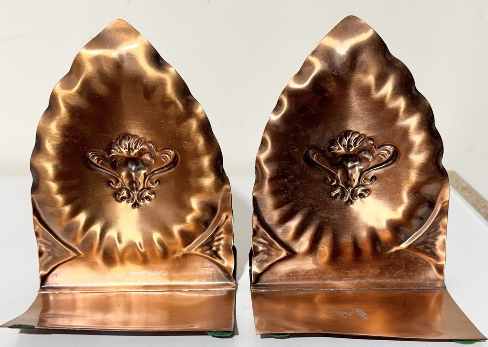 Vintage Gregorian Solid Copper Book Ends Pair Embossed Flower Marked Bookends